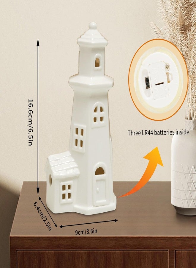 Luxstyra White Ceramic Christmas Houses Lighthouse Lamp, Small Figurines for Ceramic Christmas Village,Light Up Xmas Houses with Timer, Xmas Lighthouse Decoration for Table Bookshelf Desk - Image 2